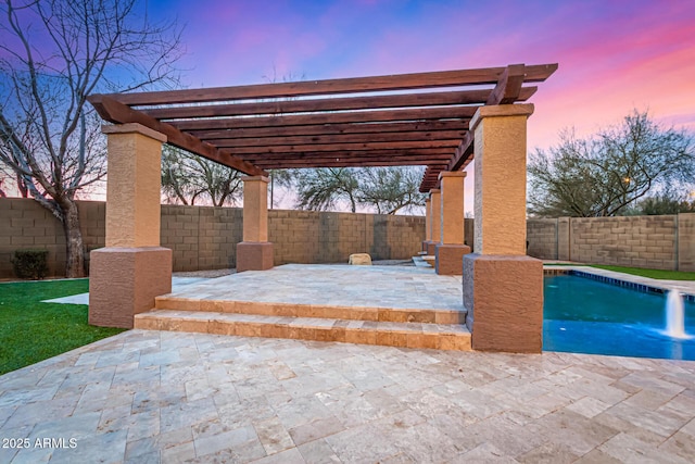 patio terrace at dusk with a fenced in pool and a pergola