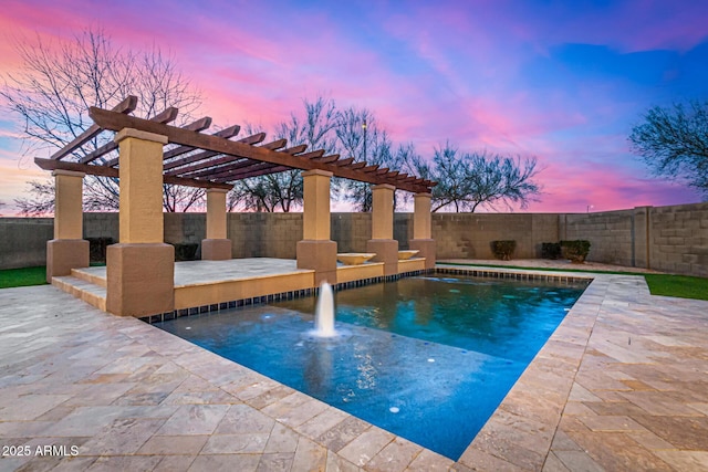 pool at dusk featuring a pergola and a patio area