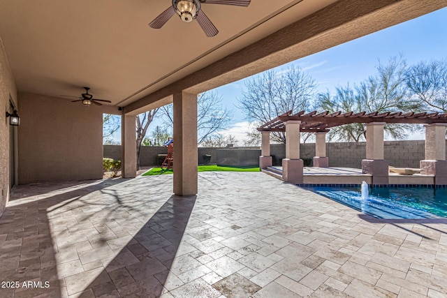 view of patio featuring pool water feature, ceiling fan, a pergola, and a playground