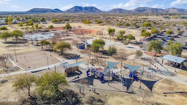 birds eye view of property with a mountain view