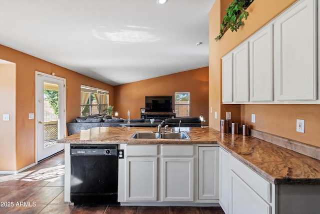 kitchen featuring kitchen peninsula, black dishwasher, white cabinetry, and sink