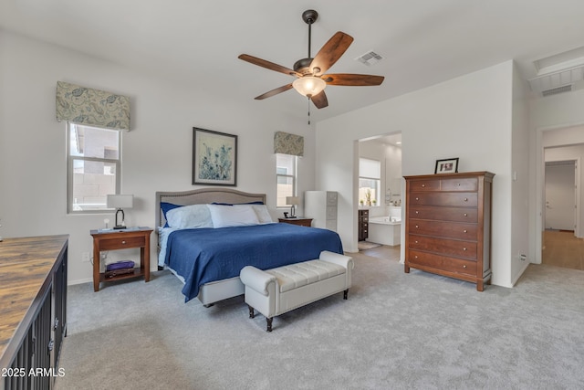 22927 E Via Del Oro, Queen Creek, AZ 85142 - bedroom featuring light carpet, connected bathroom, and a ceiling fan
