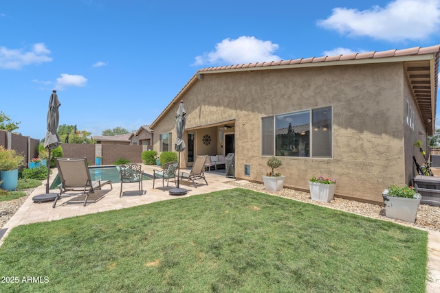 22927 E Via Del Oro, Queen Creek, AZ 85142 - back of house featuring an outdoor hangout area, a patio area, stucco siding, and central air condition unit
