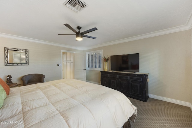 carpeted bedroom with crown molding, ceiling fan, visible vents, and baseboards