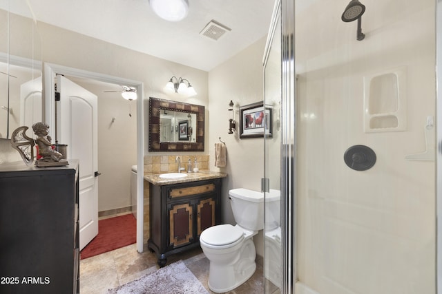 full bath featuring a stall shower, visible vents, vanity, and toilet