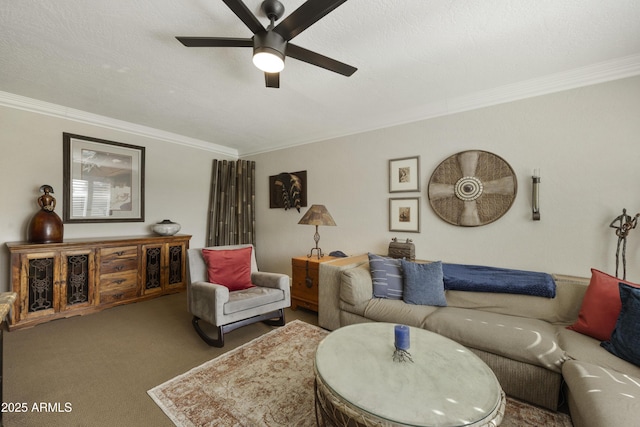 carpeted living area featuring a textured ceiling, a ceiling fan, and crown molding