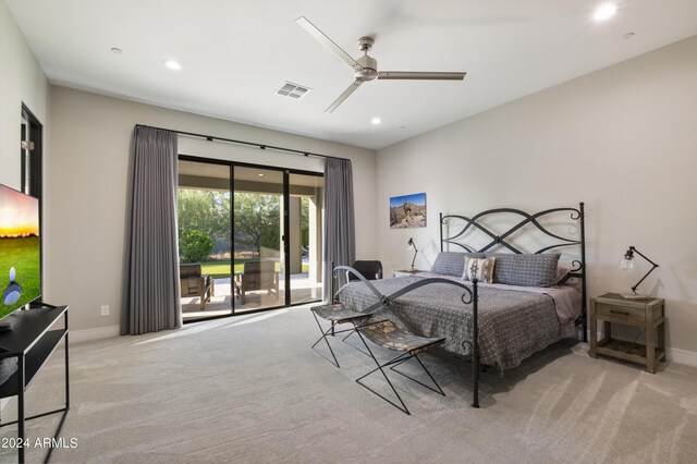 carpeted bedroom with access to exterior and ceiling fan