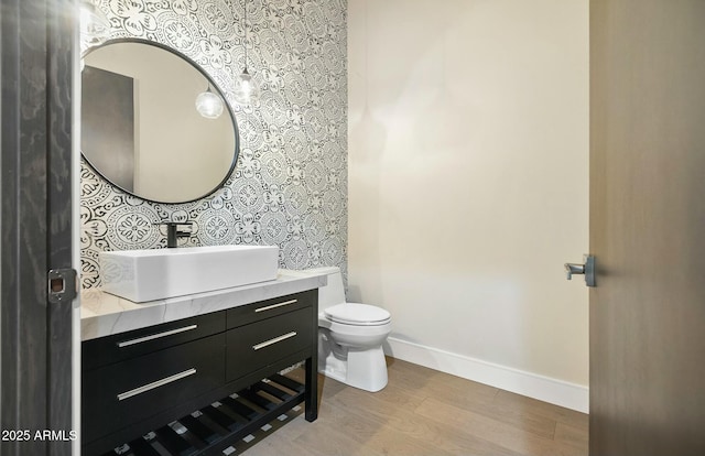 bathroom with vanity, wood-type flooring, and toilet