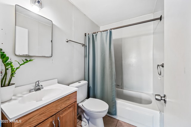 bathroom featuring toilet, shower / tub combo, tile patterned floors, and vanity