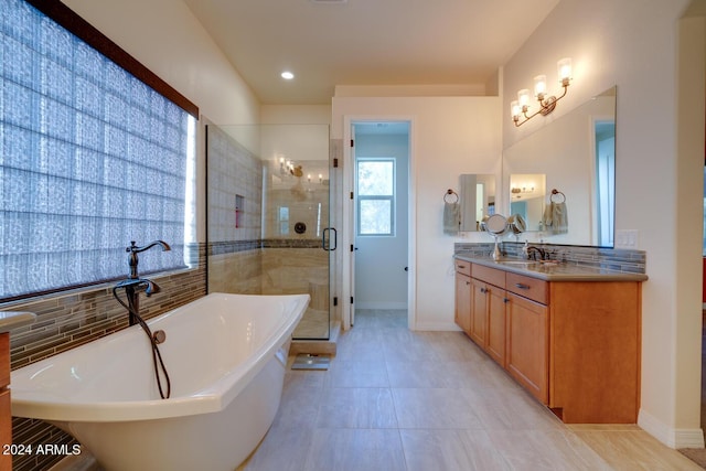 bathroom with vanity and separate shower and tub