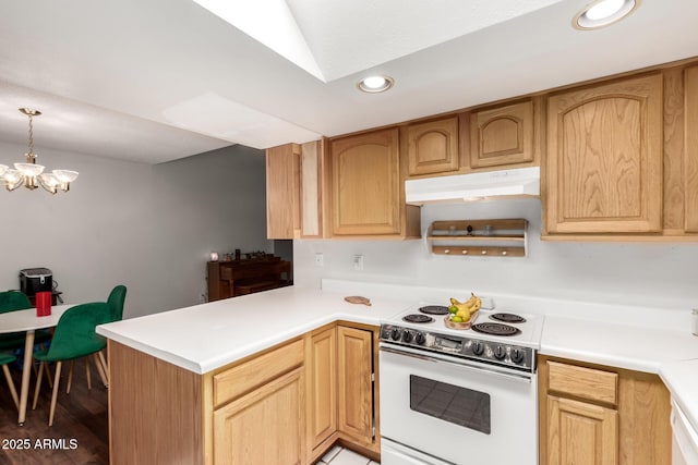 6207 N 21st Dr, Phoenix, AZ 85015 - kitchen featuring light countertops, under cabinet range hood, white electric stove, recessed lighting, and a peninsula
