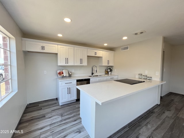 kitchen featuring sink, stainless steel dishwasher, white cabinets, and dark hardwood / wood-style flooring