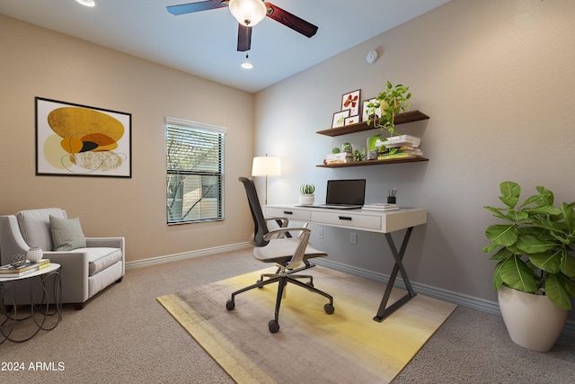 carpeted office space with ceiling fan