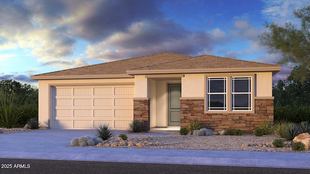 view of front of house with an attached garage, stone siding, concrete driveway, and stucco siding