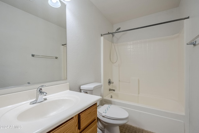 full bathroom with shower / bathing tub combination, vanity, toilet, and tile patterned flooring