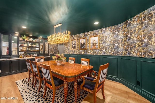 8219 S Pecan Grove Cir, Tempe, AZ 85284 - dining space featuring a decorative wall, a wainscoted wall, a chandelier, recessed lighting, and light wood-type flooring