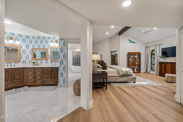 8219 S Pecan Grove Cir, Tempe, AZ 85284 - bedroom with a sink, wallpapered walls, light wood-type flooring, baseboards, and recessed lighting