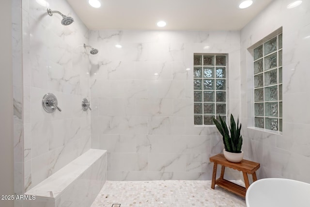 8219 S Pecan Grove Cir, Tempe, AZ 85284 - bathroom with tiled shower, recessed lighting, tile walls, and a soaking tub