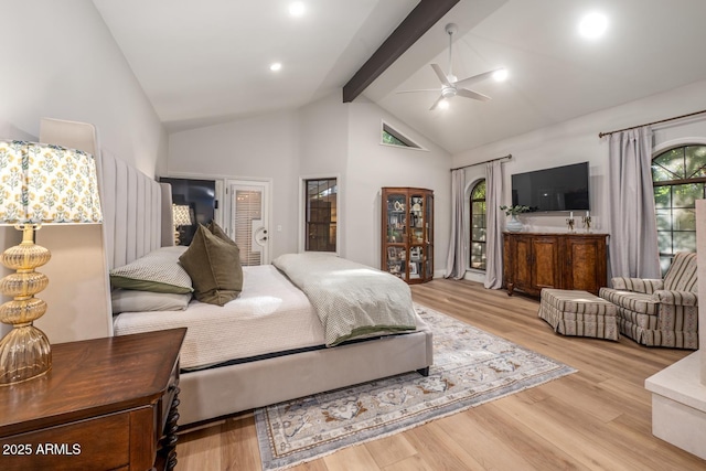 8219 S Pecan Grove Cir, Tempe, AZ 85284 - bedroom featuring beamed ceiling, light wood-style floors, high vaulted ceiling, and ceiling fan