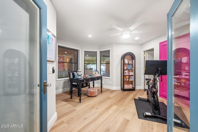 8219 S Pecan Grove Cir, Tempe, AZ 85284 - workout area with ceiling fan, light wood-style flooring, baseboards, and recessed lighting
