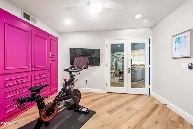 8219 S Pecan Grove Cir, Tempe, AZ 85284 - workout area featuring french doors, light wood finished floors, a ceiling fan, and baseboards