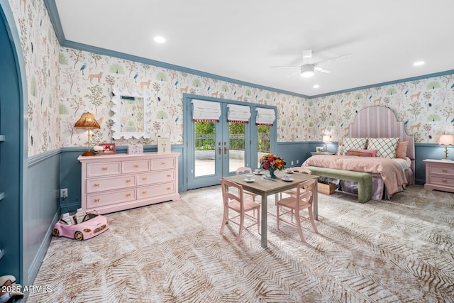 8219 S Pecan Grove Cir, Tempe, AZ 85284 - bedroom featuring wallpapered walls, wainscoting, french doors, crown molding, and access to exterior