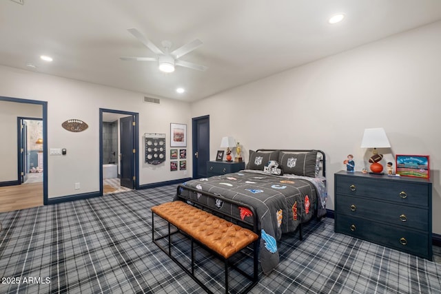 8219 S Pecan Grove Cir, Tempe, AZ 85284 - bedroom with dark carpet, baseboards, recessed lighting, and ceiling fan