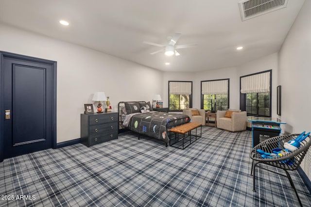 8219 S Pecan Grove Cir, Tempe, AZ 85284 - bedroom with dark carpet, recessed lighting, baseboards, and a ceiling fan