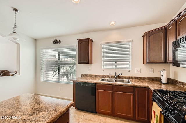 5502 N Ormondo Way, Litchfield Park, AZ 85340 - kitchen with black appliances, a sink, light tile patterned flooring, hanging light fixtures, and recessed lighting