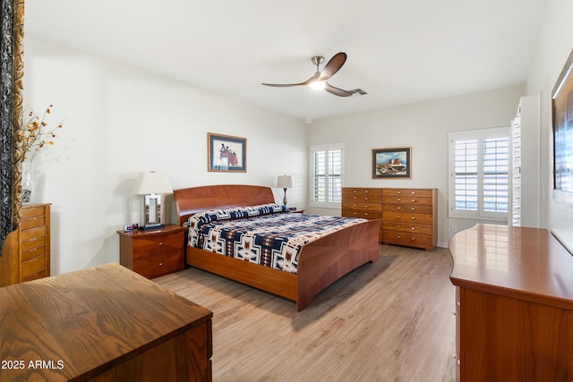 bedroom with light wood-style floors, visible vents, and ceiling fan