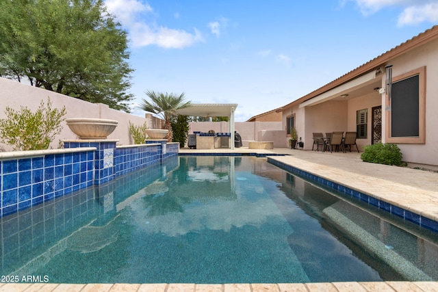 view of swimming pool featuring a patio area, a fenced backyard, a pergola, and outdoor dining space