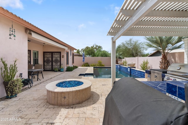 view of pool featuring a fire pit, a fenced in pool, a fenced backyard, a patio area, and a pergola