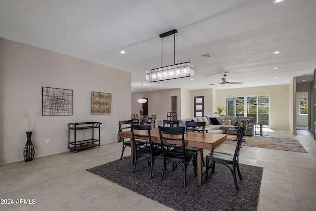 dining area with a ceiling fan, recessed lighting, visible vents, and baseboards