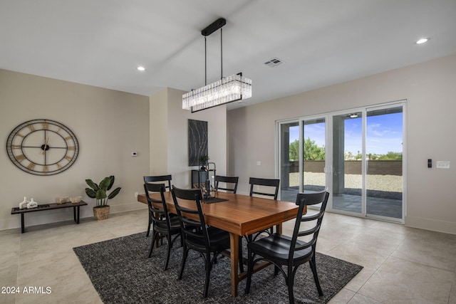 dining room featuring light tile patterned flooring, recessed lighting, visible vents, and baseboards