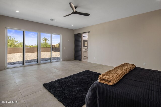 bedroom with access to exterior, recessed lighting, visible vents, ensuite bath, and baseboards