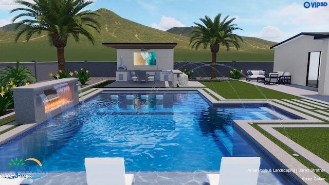 view of pool with a diving board, a mountain view, and fence