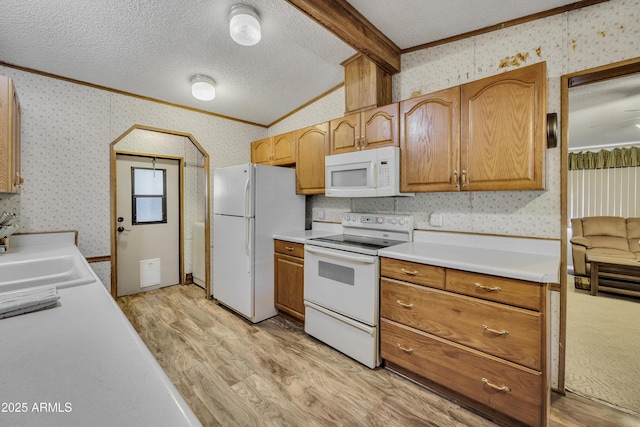 17124 E Fairway Dr, Mayer, AZ 86333 - kitchen featuring white appliances, crown molding, wallpapered walls, light wood finished floors, and a textured ceiling