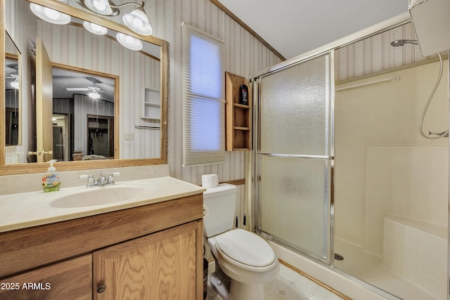 17124 E Fairway Dr, Mayer, AZ 86333 - full bath with wallpapered walls, a shower stall, vanity, and a ceiling fan