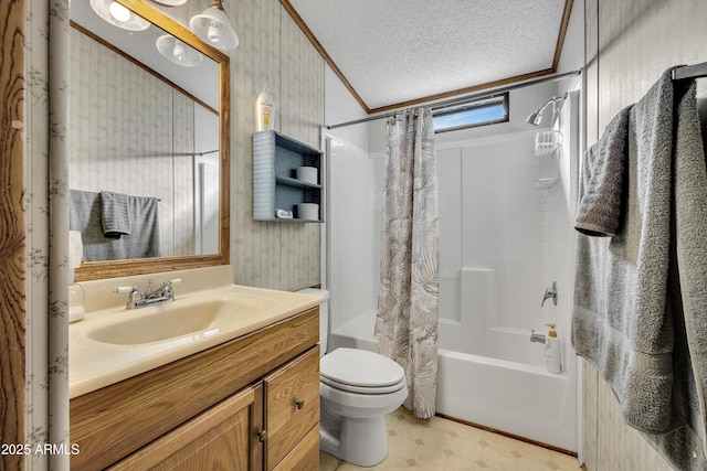 17124 E Fairway Dr, Mayer, AZ 86333 - full bath with shower / bath combo, wallpapered walls, vanity, a textured ceiling, and tile patterned floors