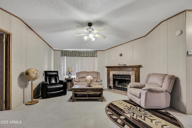 17124 E Fairway Dr, Mayer, AZ 86333 - living area with ornamental molding, carpet flooring, a brick fireplace, ceiling fan, and a textured ceiling