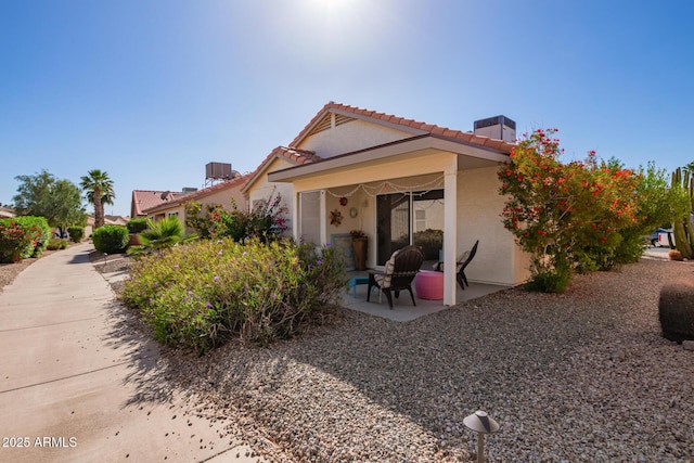 back of house with stucco siding, a patio area, and a tiled roof