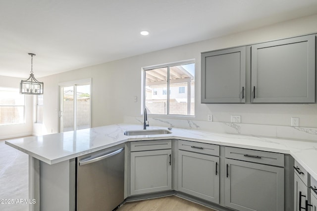 12813 W Paradise Dr, El Mirage, AZ 85335 - kitchen featuring dishwasher, gray cabinets, a peninsula, and recessed lighting
