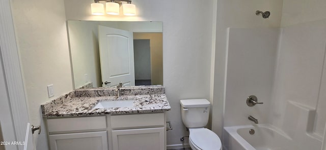 full bathroom with toilet, vanity, and bathing tub / shower combination