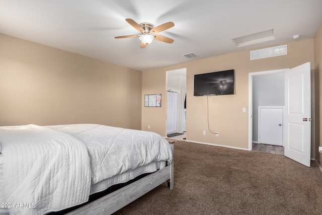 carpeted bedroom with ceiling fan