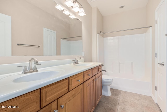 full bathroom with double vanity, toilet, a sink, and bathing tub / shower combination