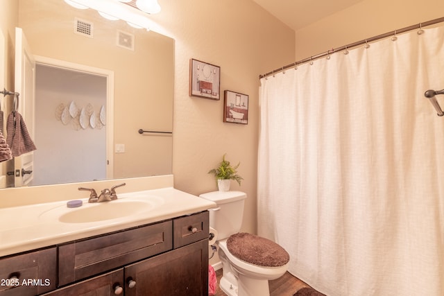 bathroom with vanity, toilet, and wood-type flooring