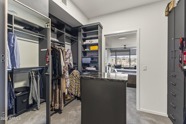 walk in closet featuring dark carpet