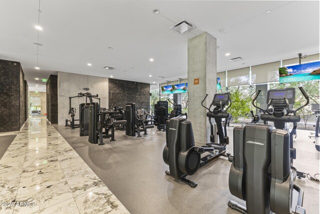 exercise room featuring floor to ceiling windows