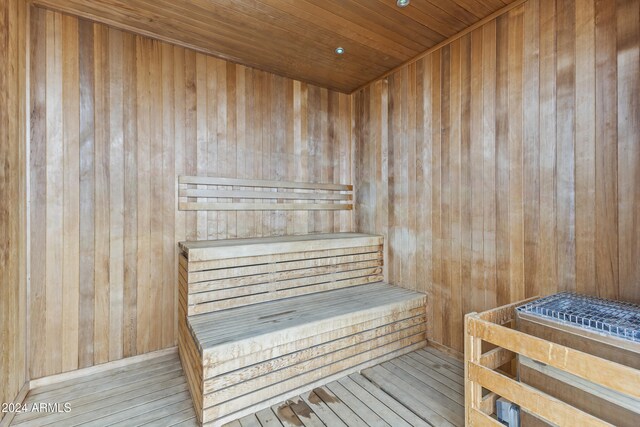 view of sauna featuring hardwood / wood-style flooring