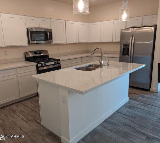 kitchen featuring an island with sink, stainless steel appliances, and dark hardwood / wood-style flooring